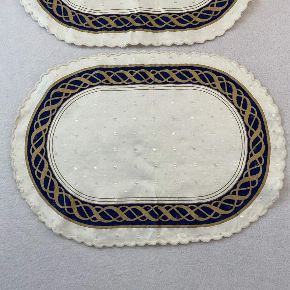 Lenox Hamilton Oval Placemats Cloth Set Of 2 Ivory Gold Navy Blue Vintage Lot #5